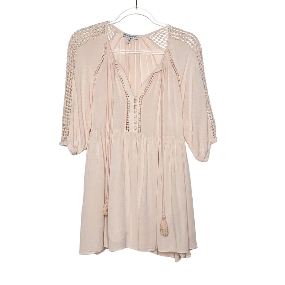 HEARTLOOM Peasant Mini Dress Crochet-Trim A-Line Tassel Tie Pastel Pink Size S